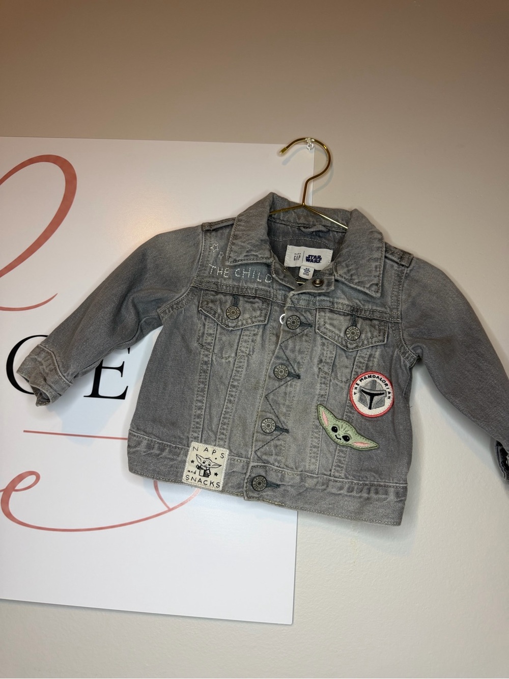 GAP Gray Denim Kids Jacket with Grogu & Patch Accents